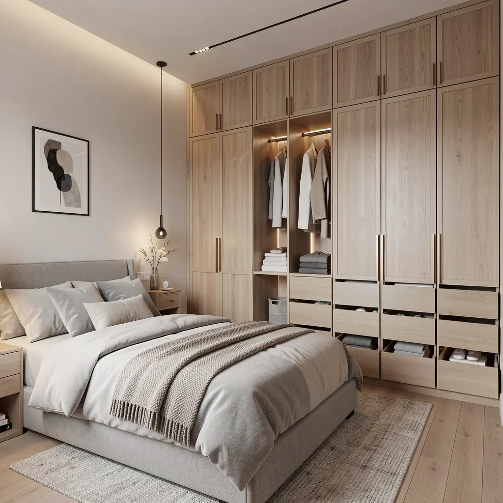Beautifully organized bedroom with smart storage